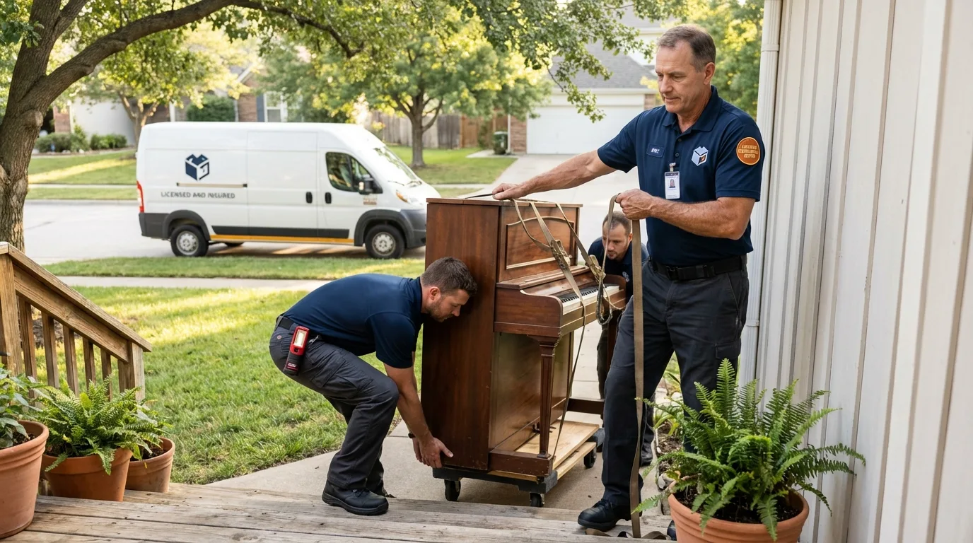 Licensed piano movers securing grand piano in Moretown, VT