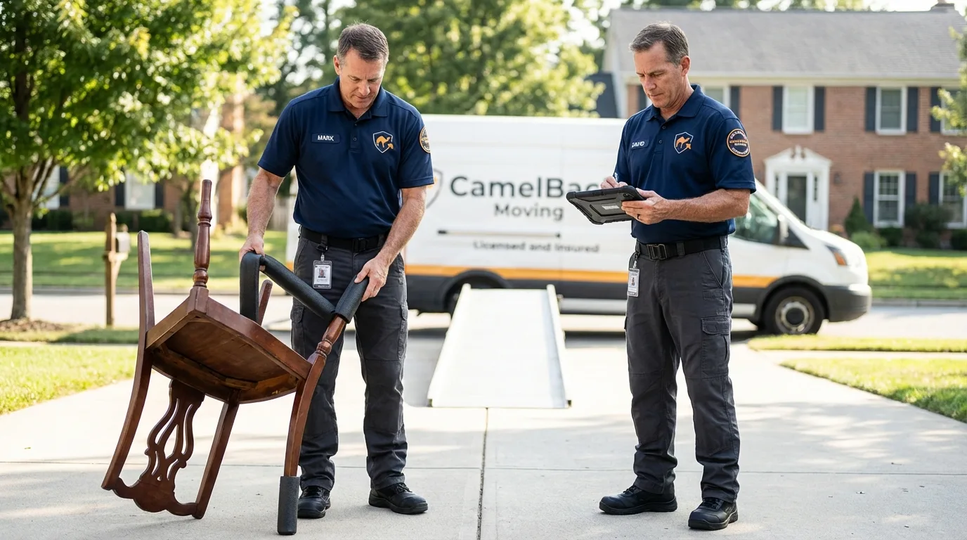 Movers inspecting furniture for damage prevention before loading in Moretown, VT