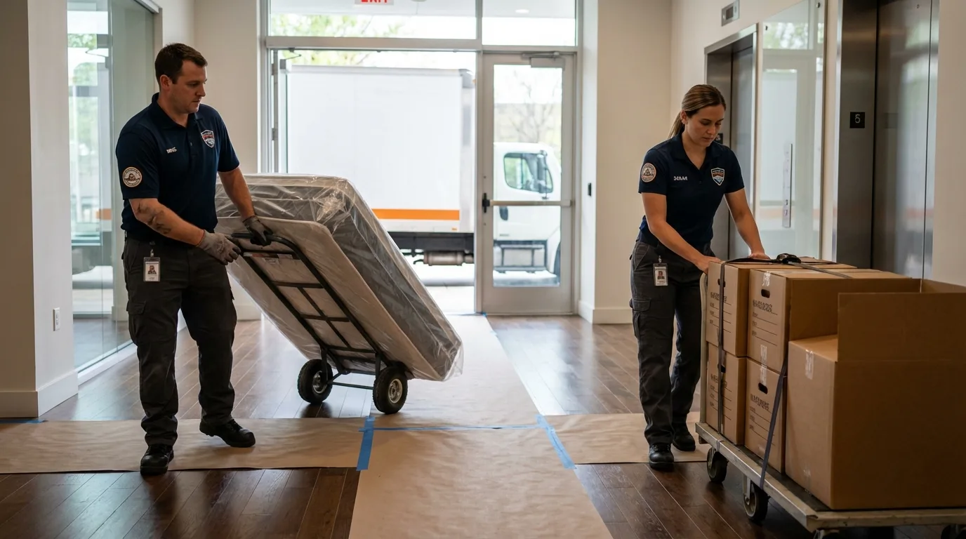 Professional apartment movers loading elevator in Moretown, VT