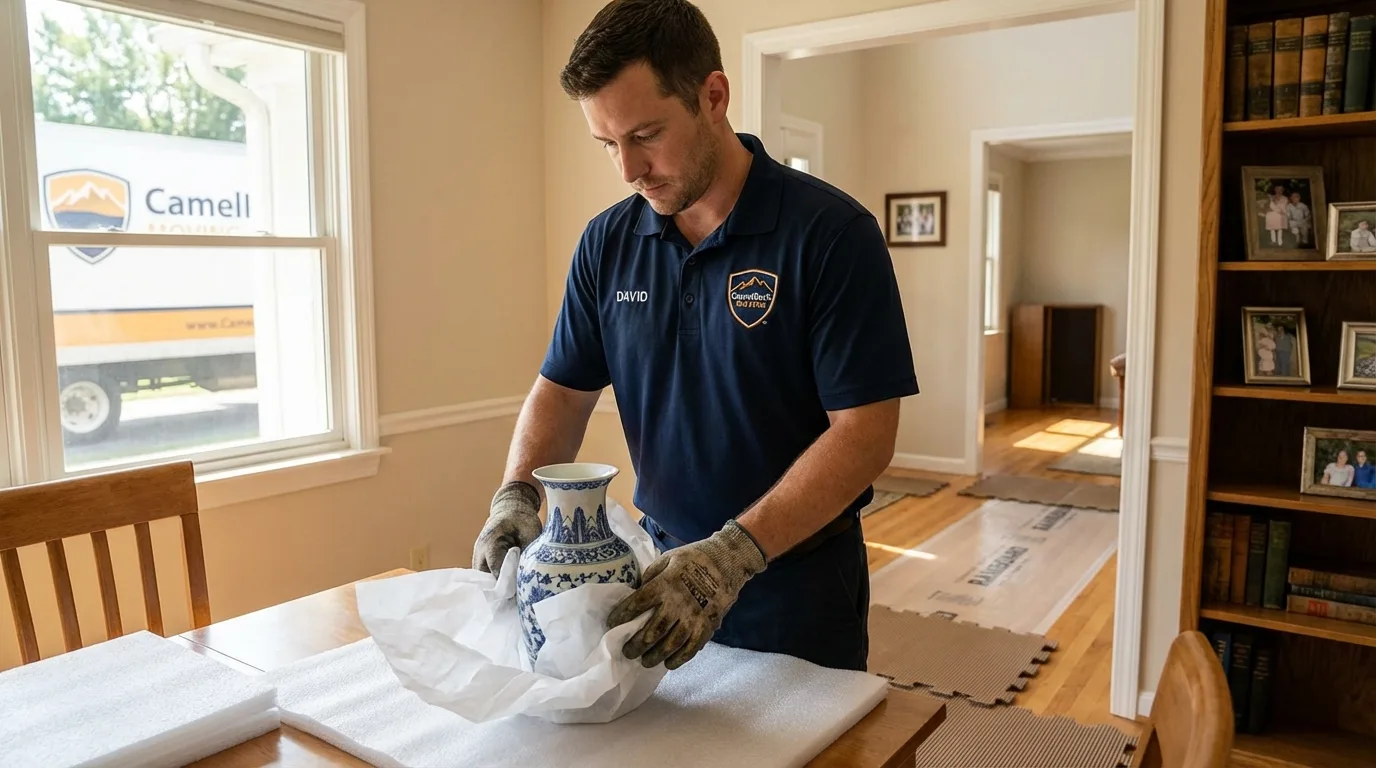Professional crew carefully wrapping antique vase for senior downsizing move in Moretown, VT