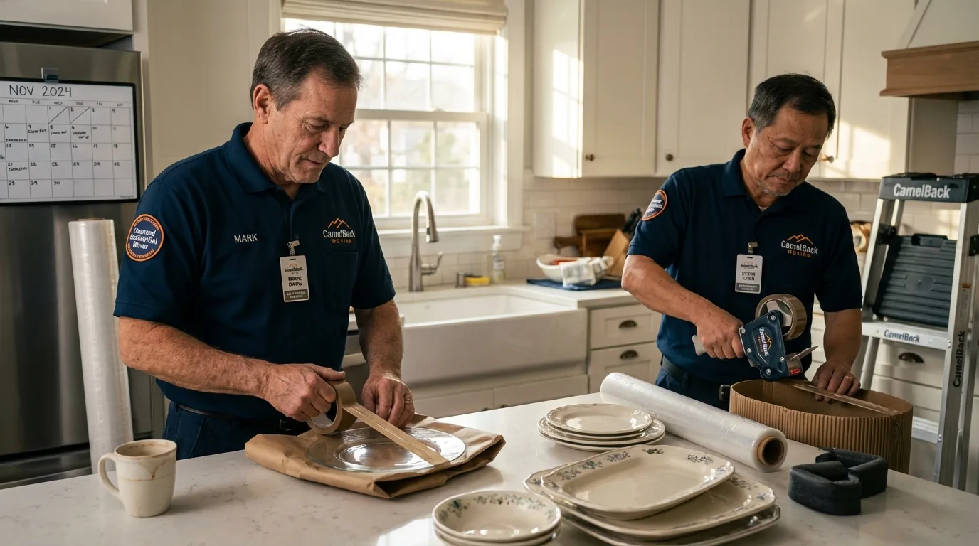 Professional crew packing kitchen dishware in Moretown, VT